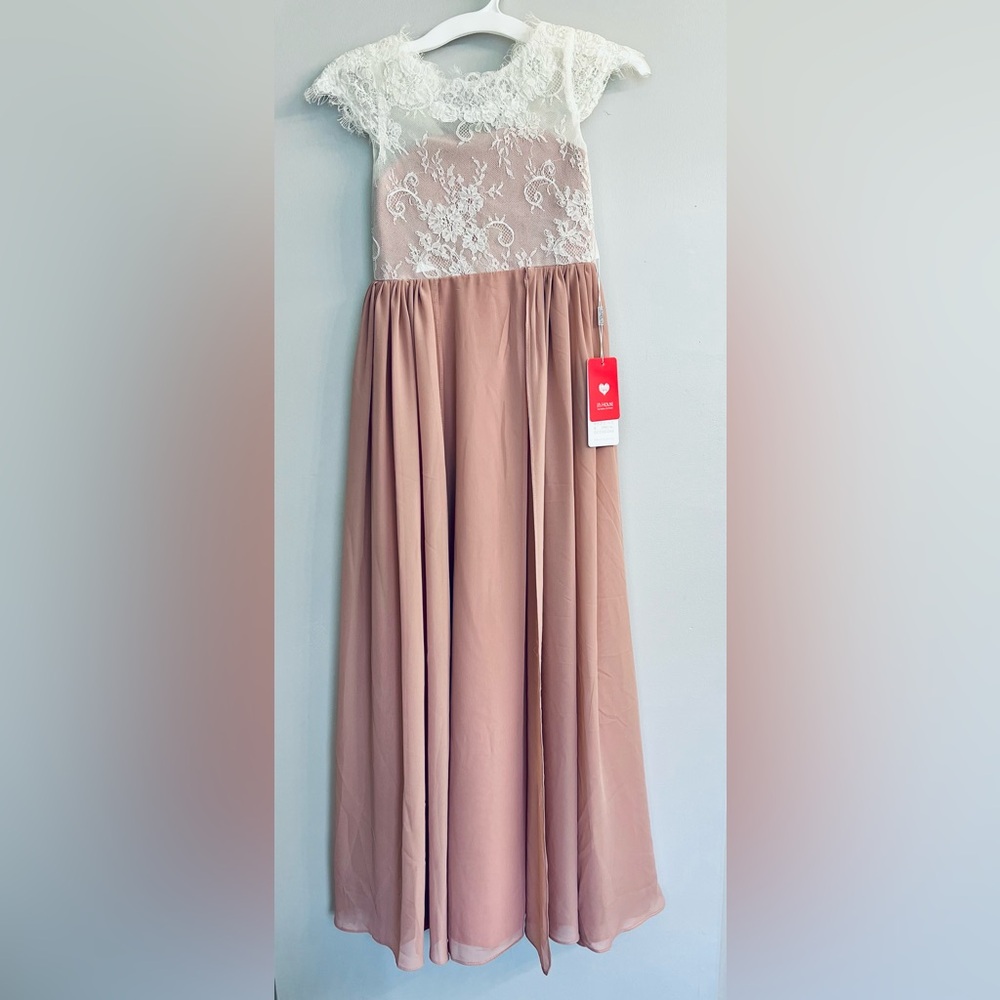 JJ House Unaltered Lace Satin Chiffon Junior Bridesmaid Dress Pink NWT SZ J10